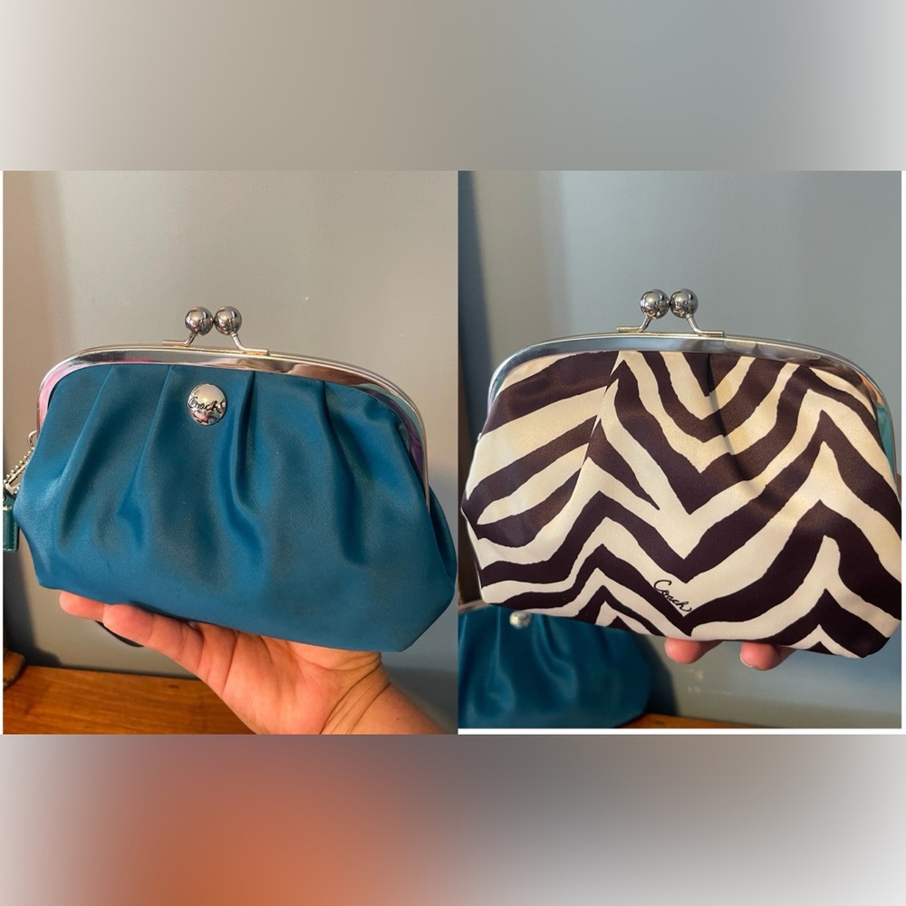 Coach Teal Leather & Black-White Zebra Print Kiss-Lock Coin Purse